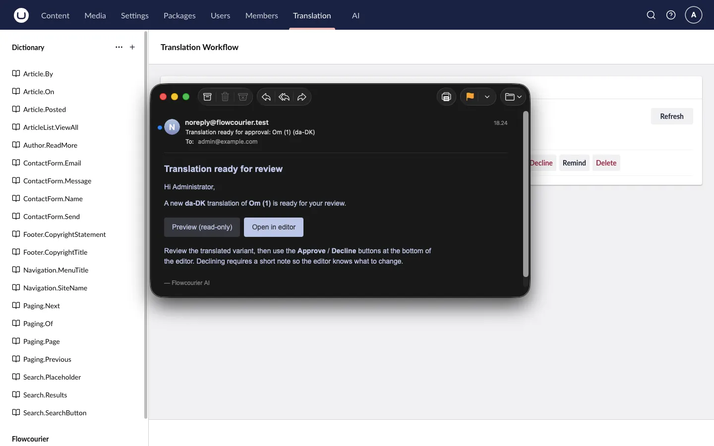 The approval email received by the reviewer with Preview and Open in editor buttons