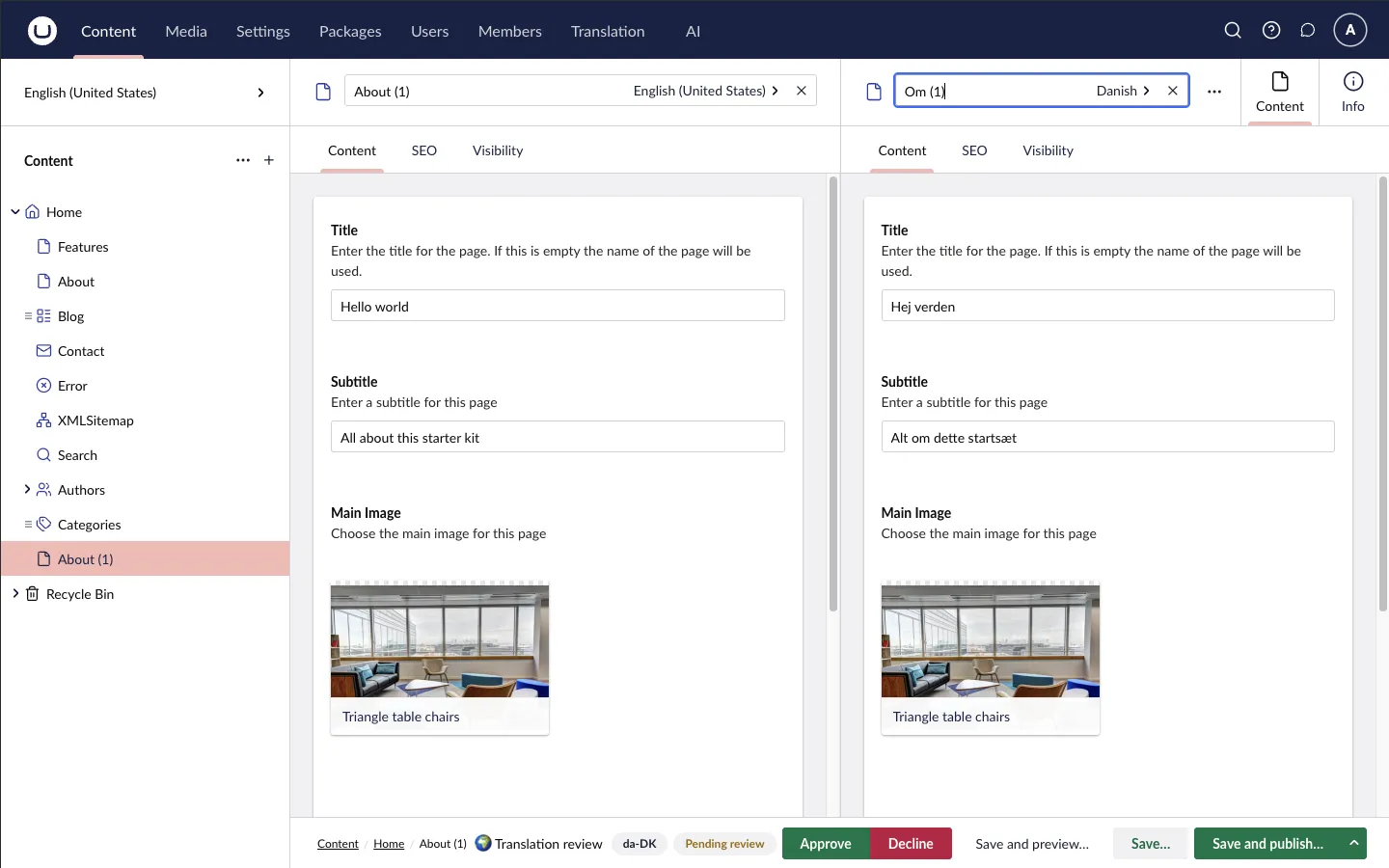 The document workspace with source and Danish variant side by side and Approve/Decline buttons in the footer