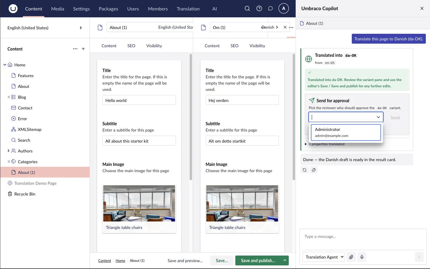 The send-for-approval card in the Copilot with the reviewer picker open, listing matching backoffice users