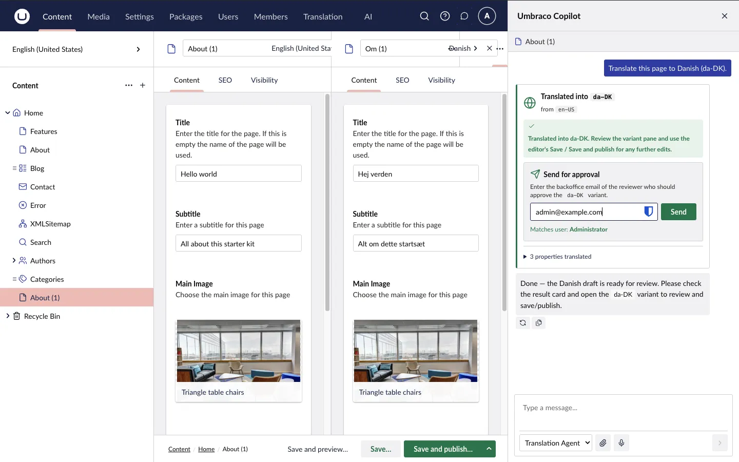 The send-for-approval card in the Copilot with a reviewer email that matches a backoffice user