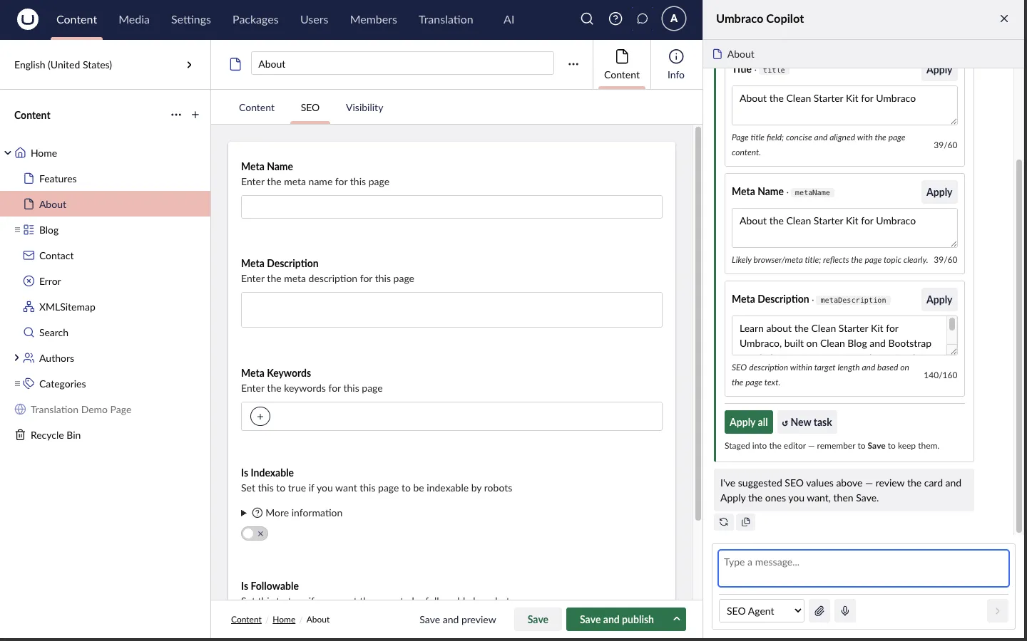 SEO suggestion cards in the Copilot with per-field Apply buttons, character counts and an Apply all action