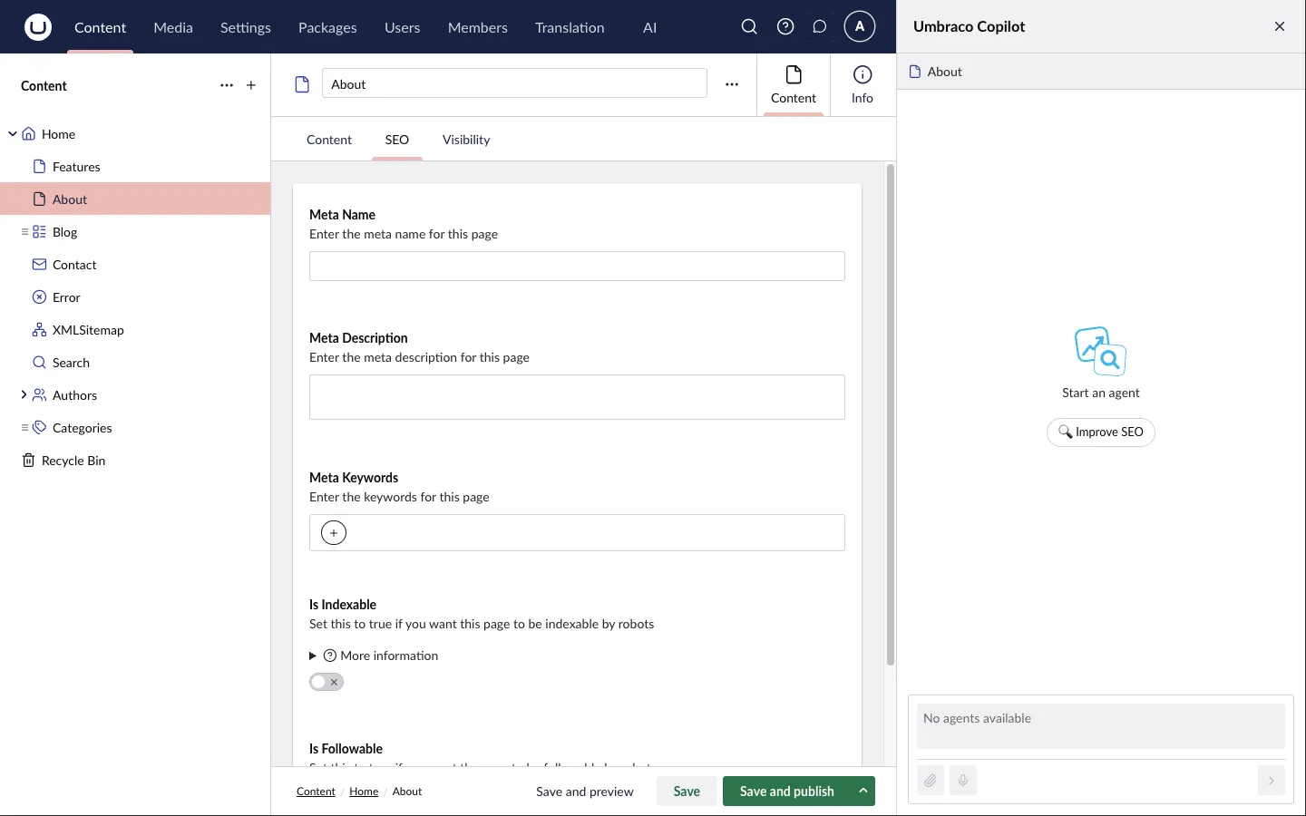A content page’s SEO tab with the Umbraco Copilot open, showing the SEO Agent’s Improve SEO starter