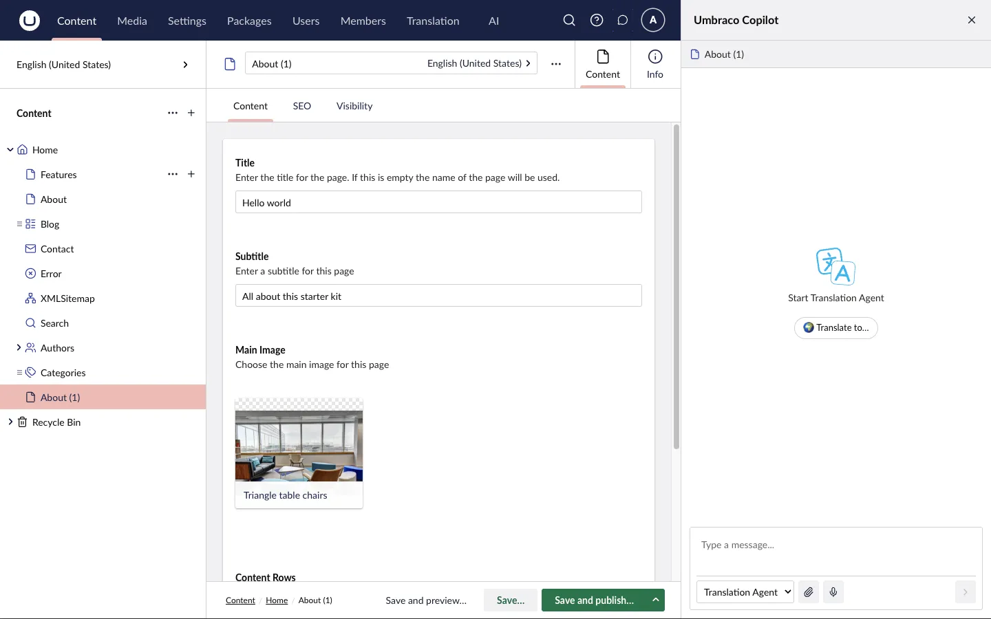 A content page with the Umbraco Copilot open, showing the Translation Agent’s Translate to… starter