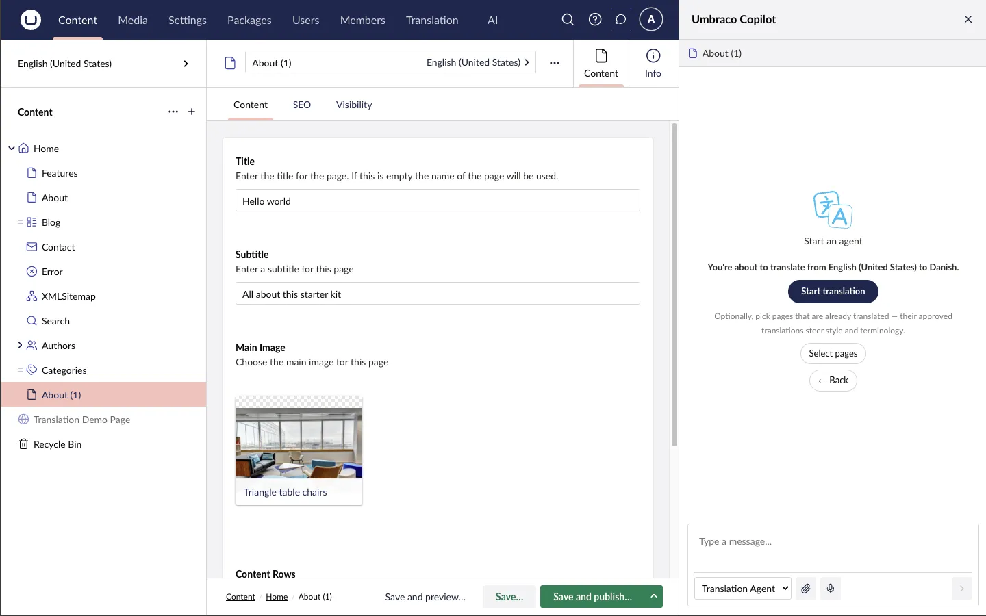 The Copilot confirming the language pair, with a Start translation button and an optional Select pages action