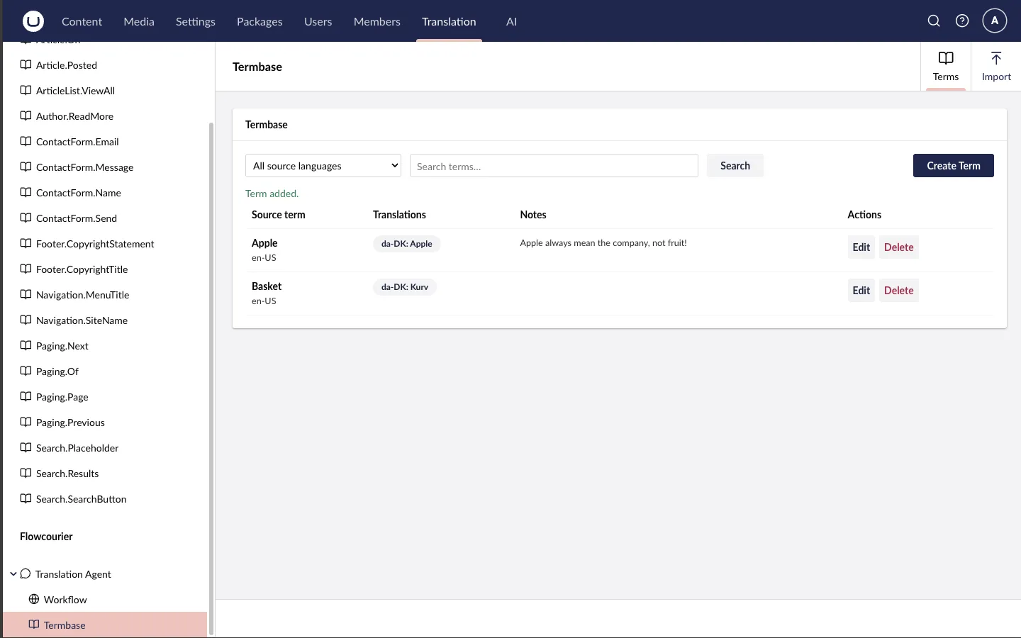 The Termbase view listing terms with their source language, translations, notes and Edit/Delete actions, plus search, Create Term and an Import tab