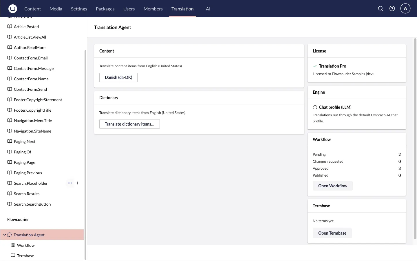 The Translation Agent view with a License card reading Translation Pro, an Engine card showing the chat profile, and Workflow and Termbase cards
