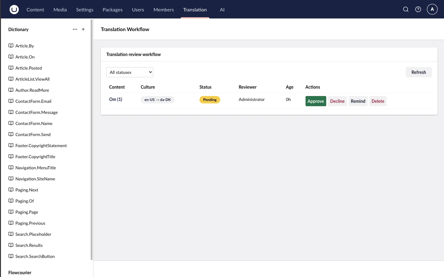 The Translation Workflow dashboard listing a pending review with its actions