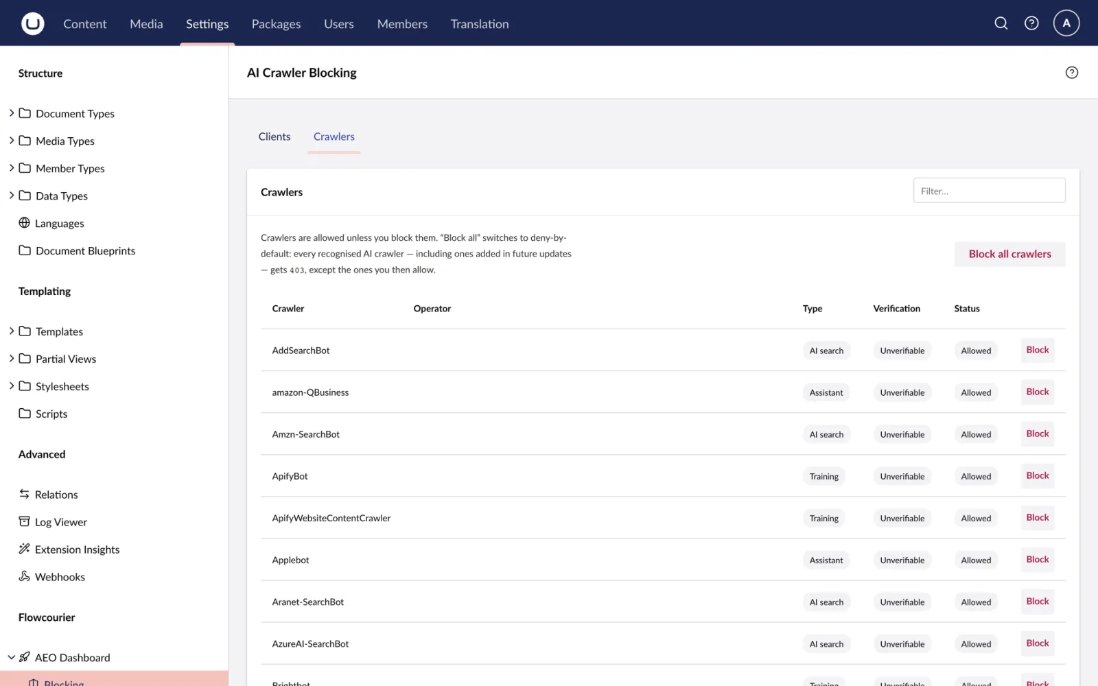 Crawler blocking: allow or block each AI crawler, verified against vendor IP ranges