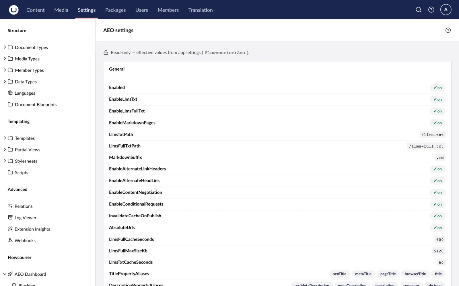 Settings: the effective AEO configuration, read-only
