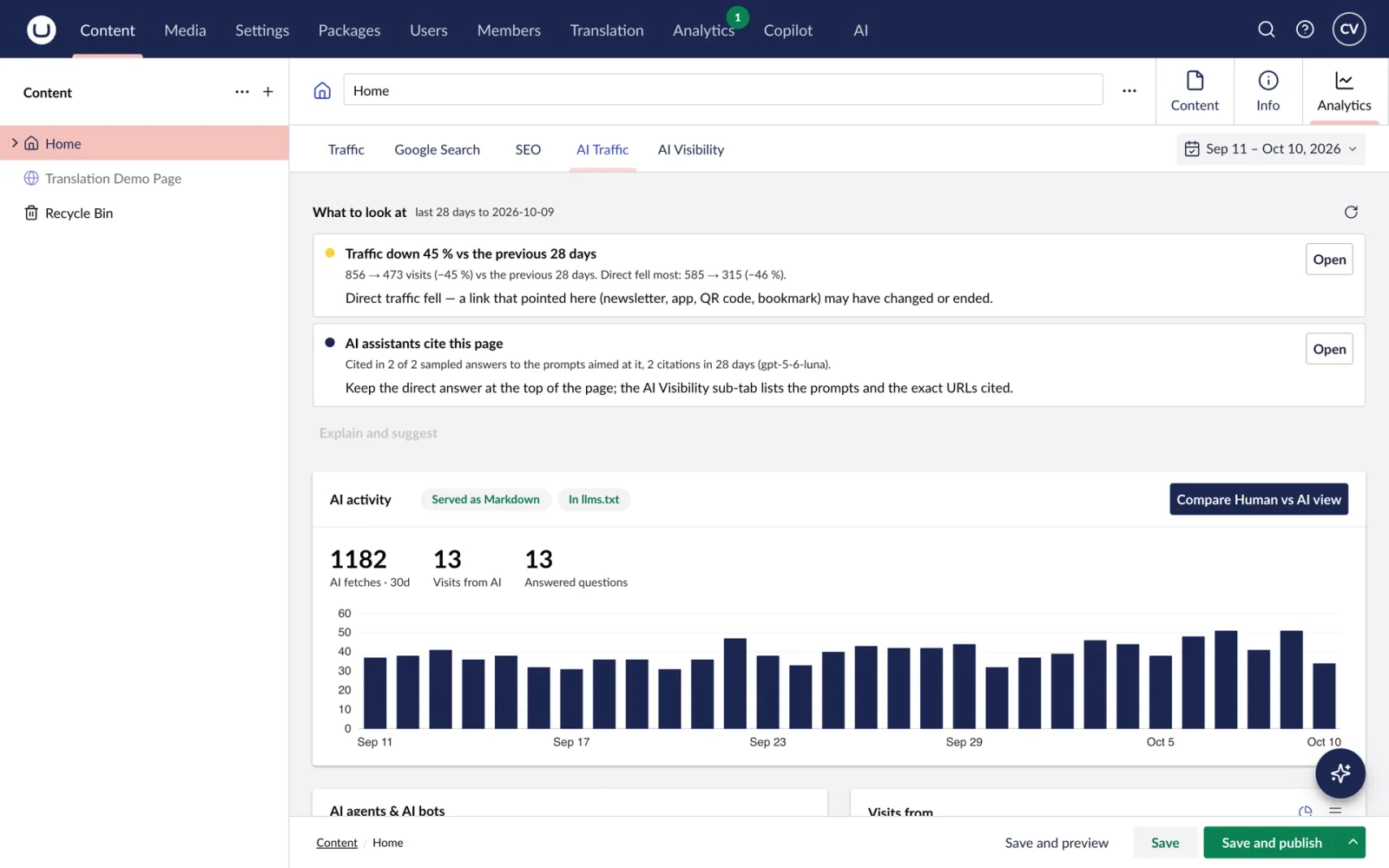 AI Traffic on a page: fetches, formats served and visits from assistants
