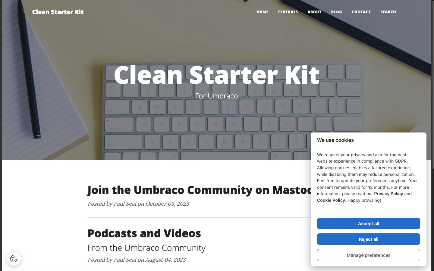 The consent banner first-time visitors see, styled to match your site
