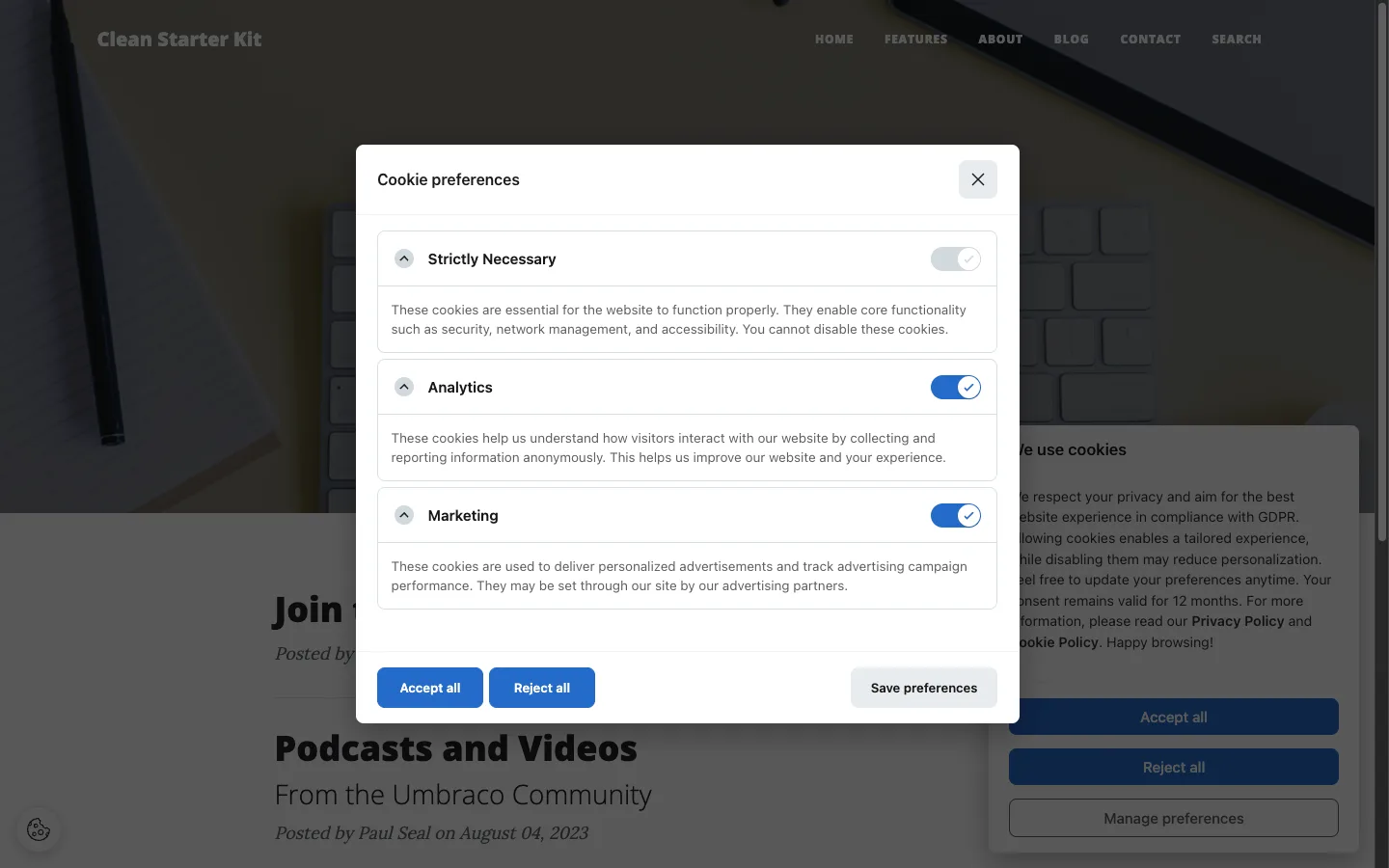 The preferences dialog, with an opt-in per category