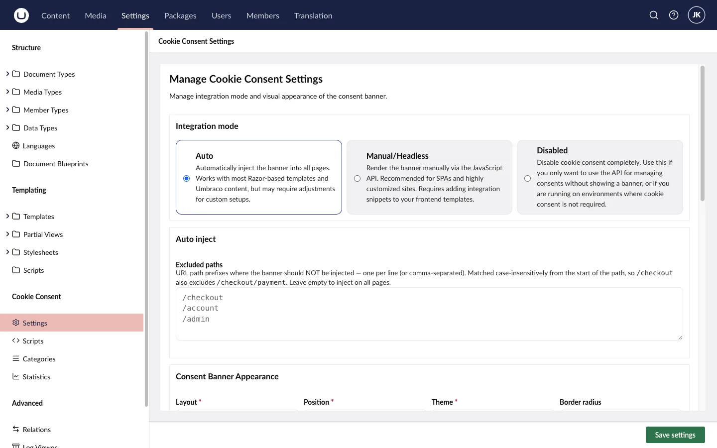 Integration mode and Google Consent Mode v2, set in the backoffice