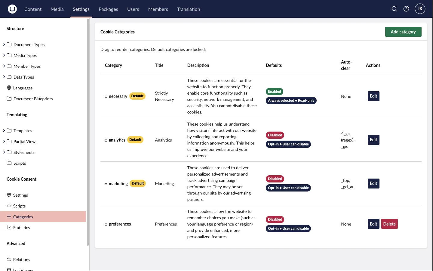 Cookie categories and their default opt-in state