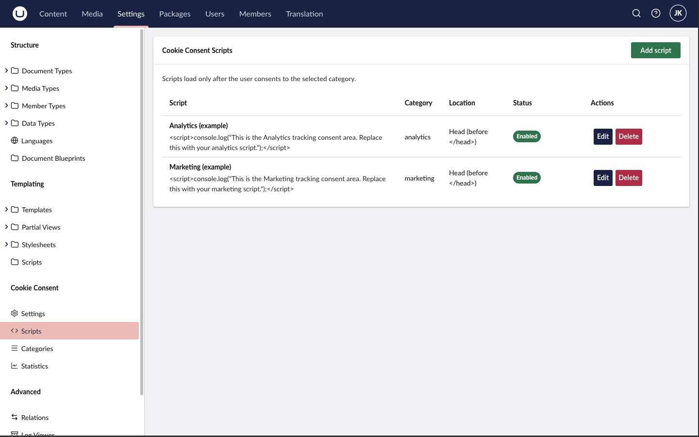 Vendor scripts gated per category, with placement control