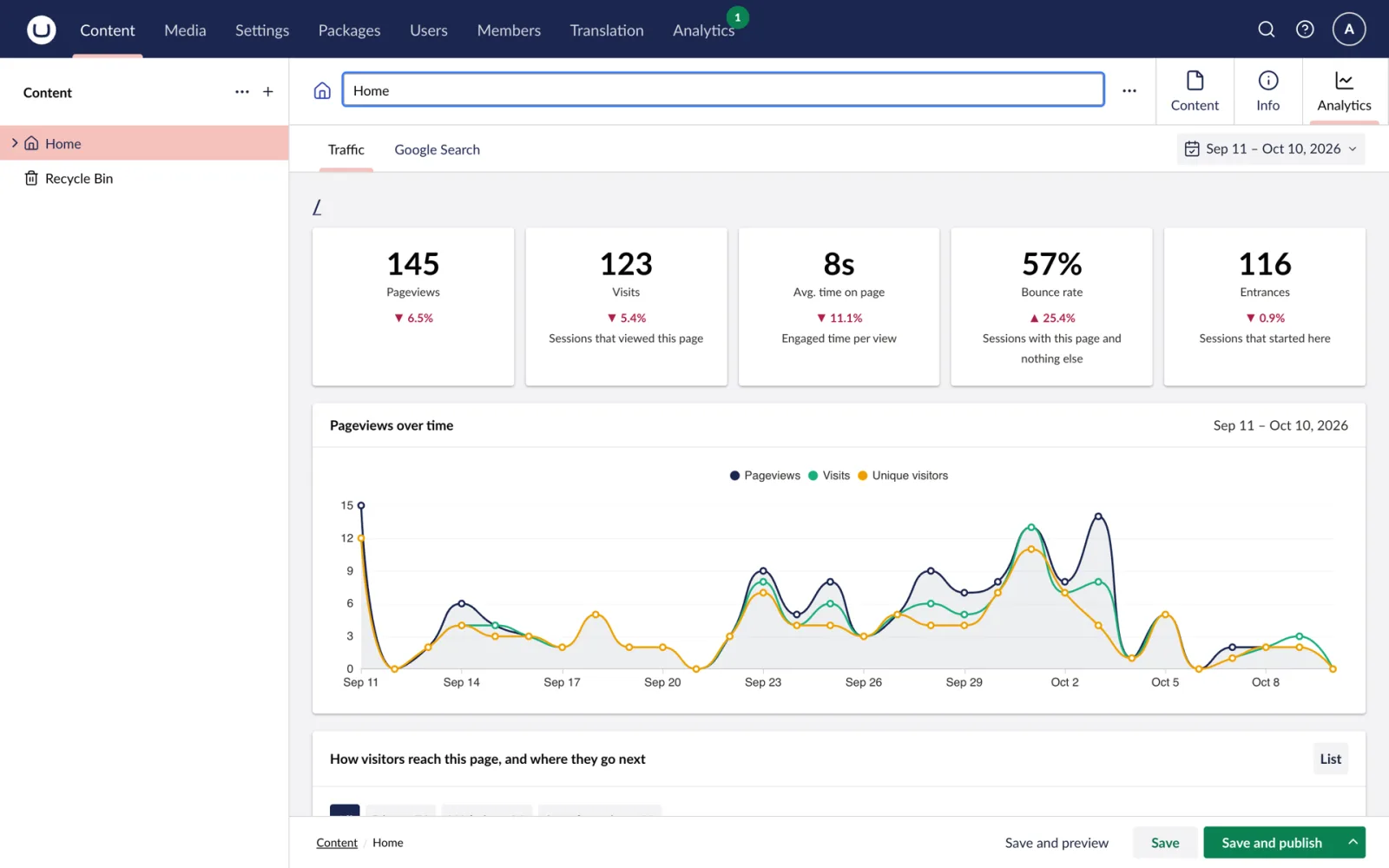The Analytics tab on a page, with its findings