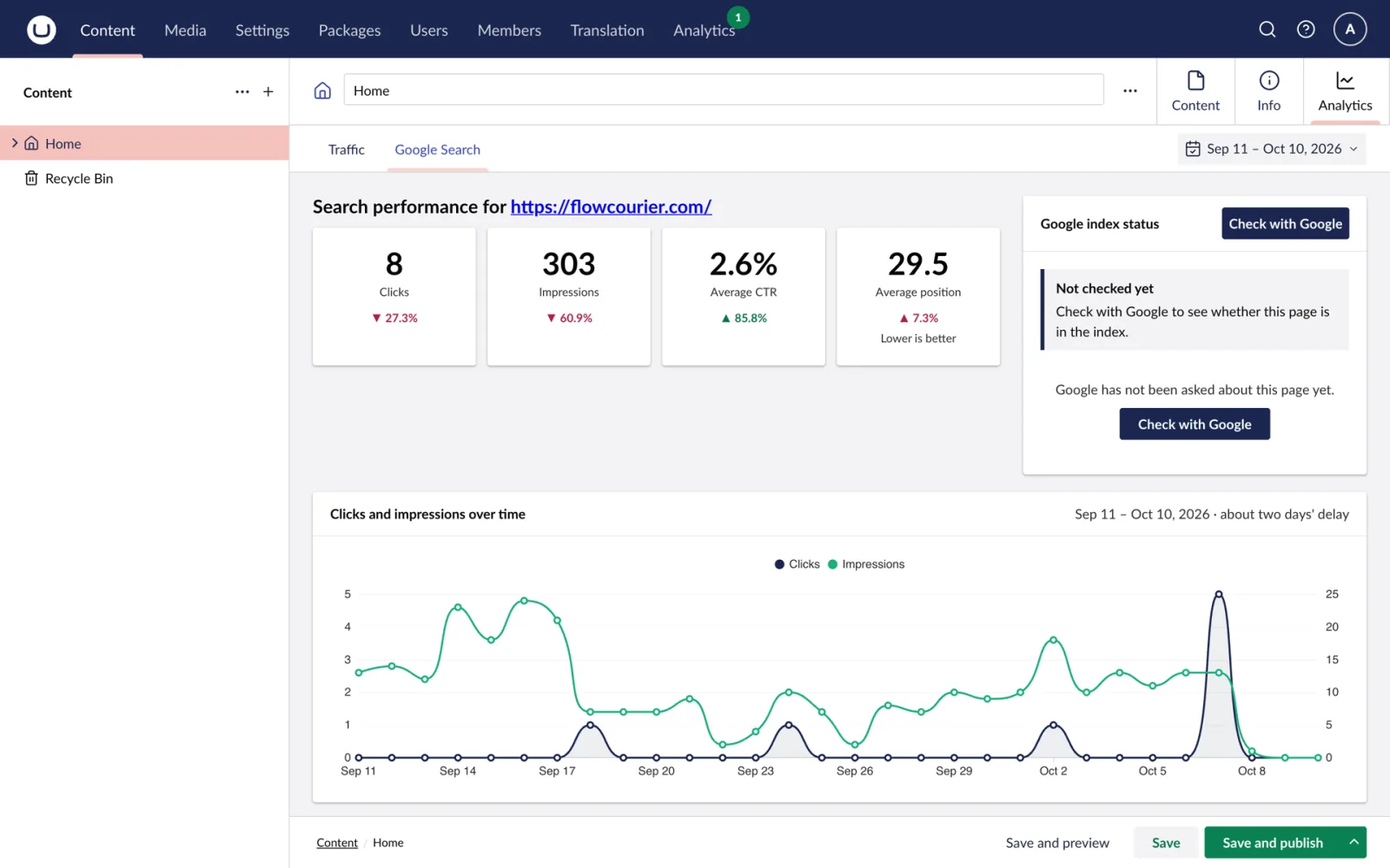 Google Search on the page: index status, queries and PageSpeed