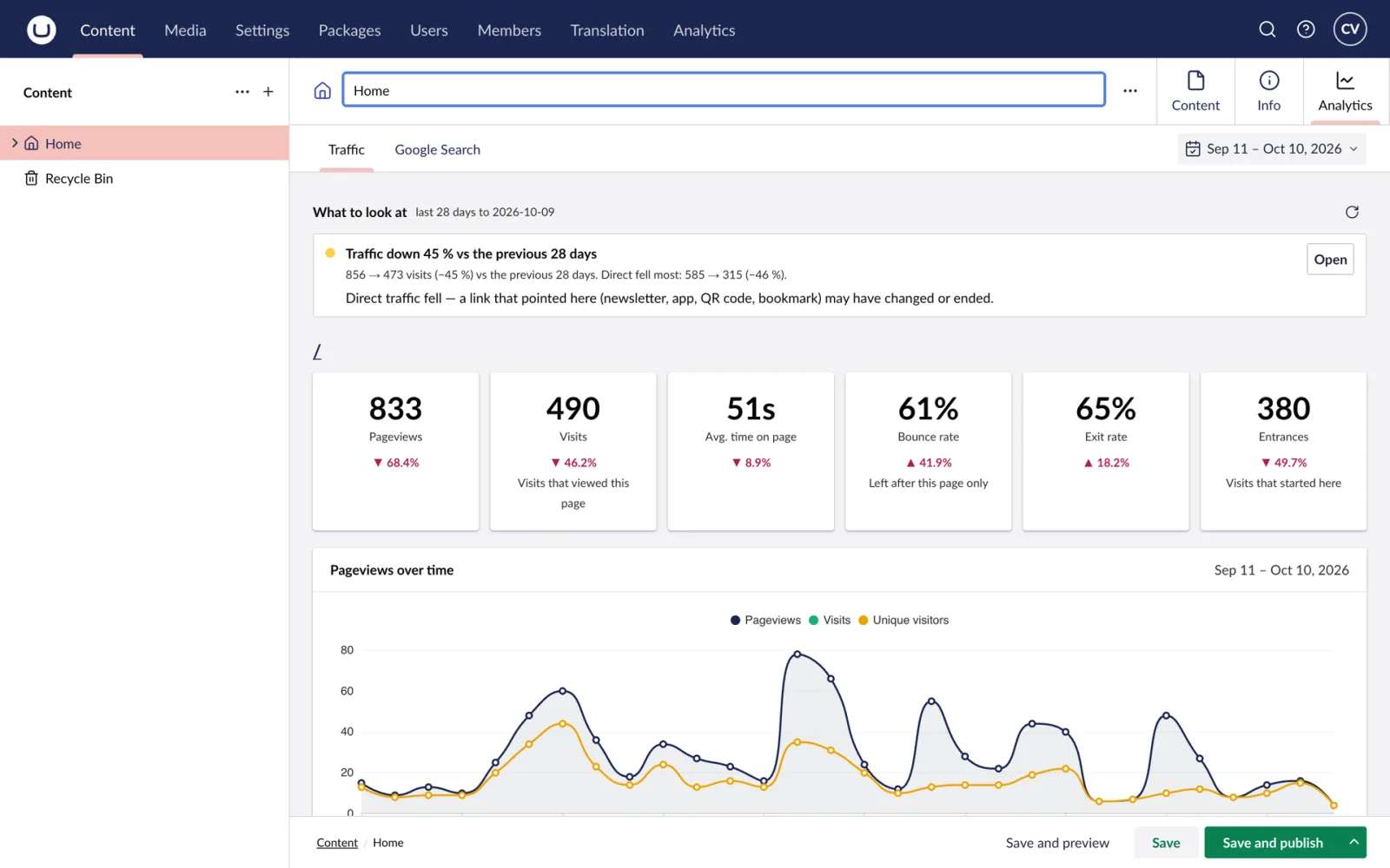 The Analytics tab on a page, with its findings