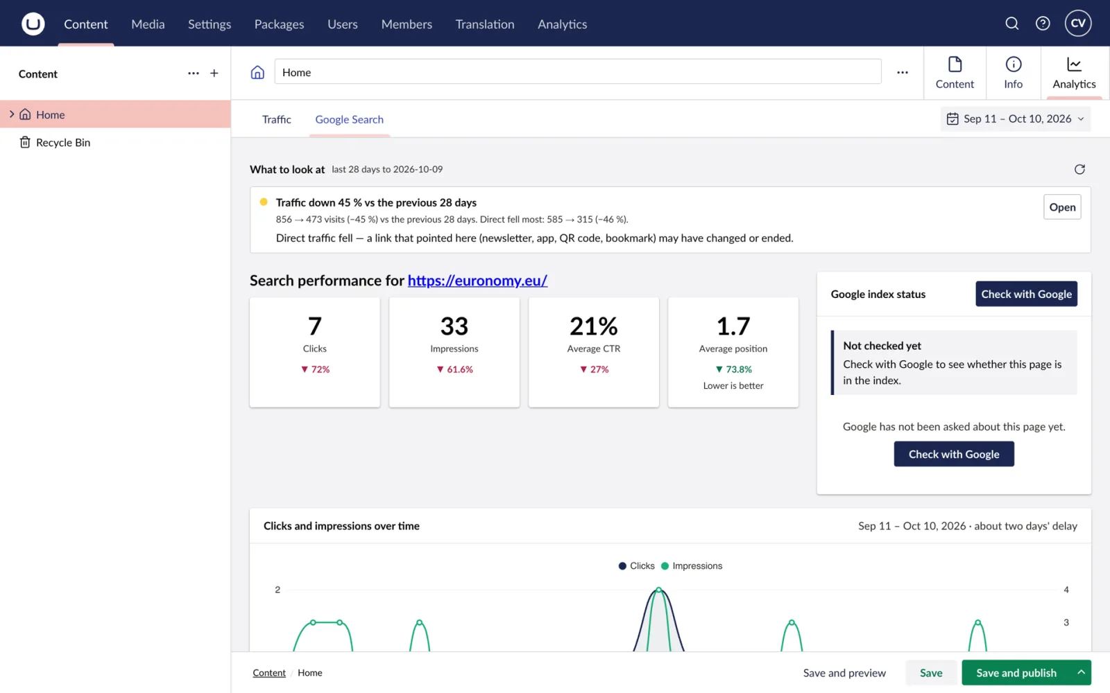 Google Search on the page: index status, queries and PageSpeed