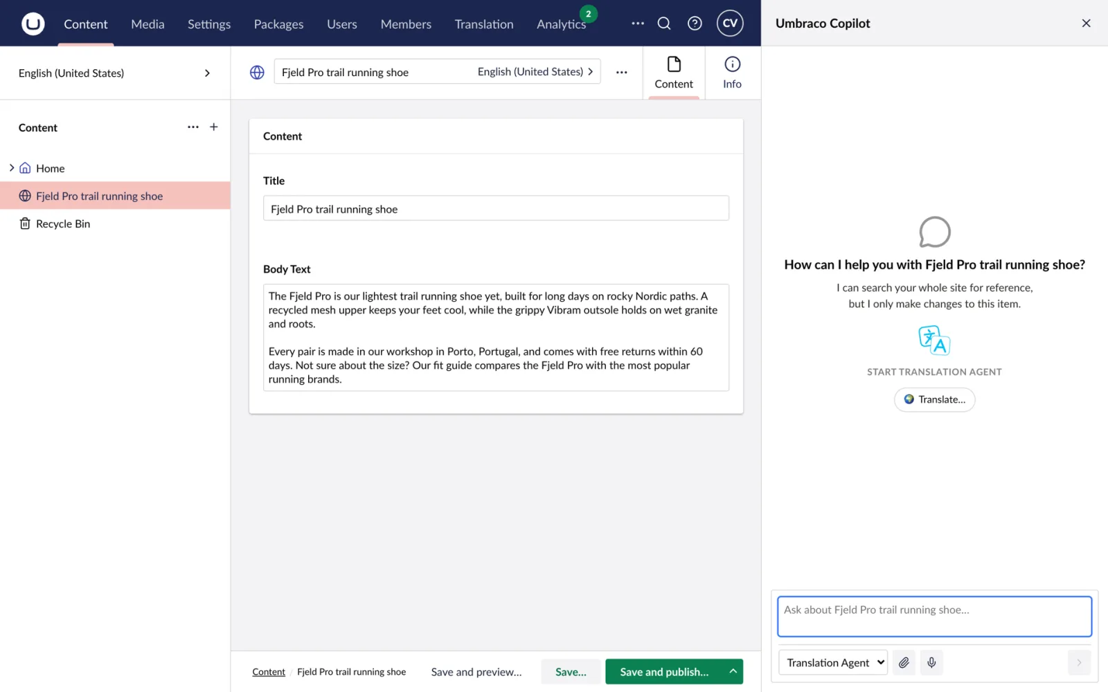The Translation Agent lives in the Umbraco AI Copilot: start with a button, not a prompt