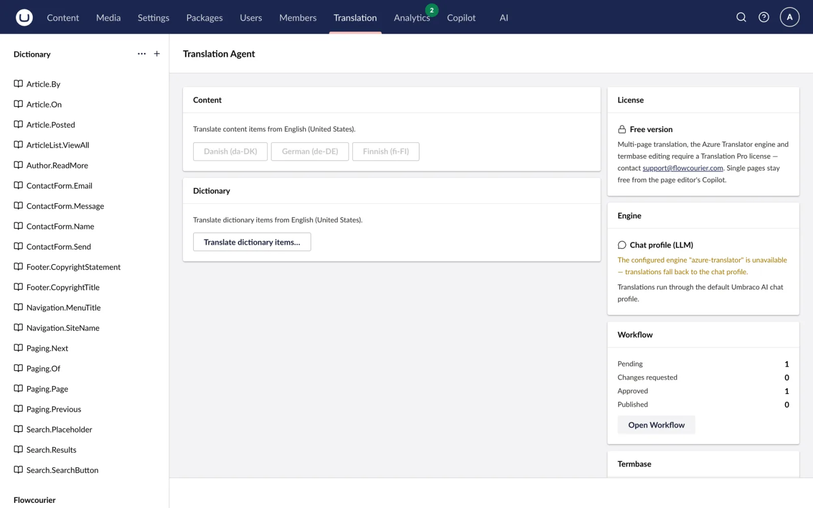 The Translation Agent workspace: content, dictionary, engine and workflow at a glance