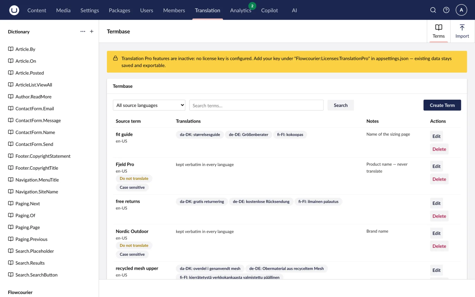 The termbase is a Translation Pro feature; without a key it is read-only