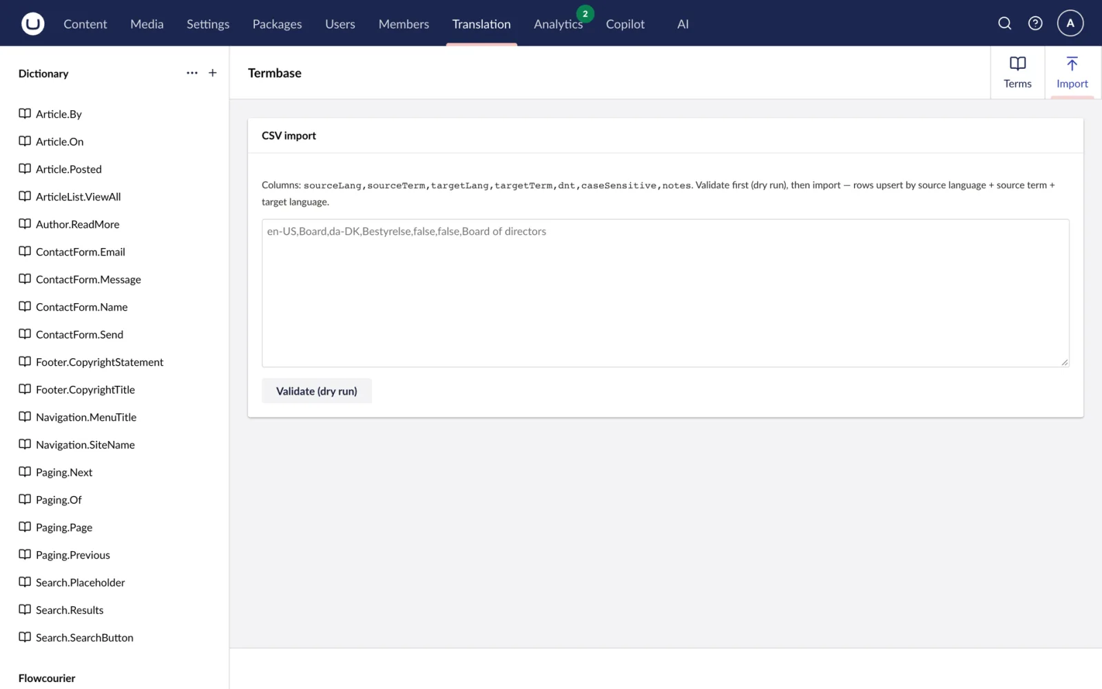 CSV import for terms, validated with a dry run first