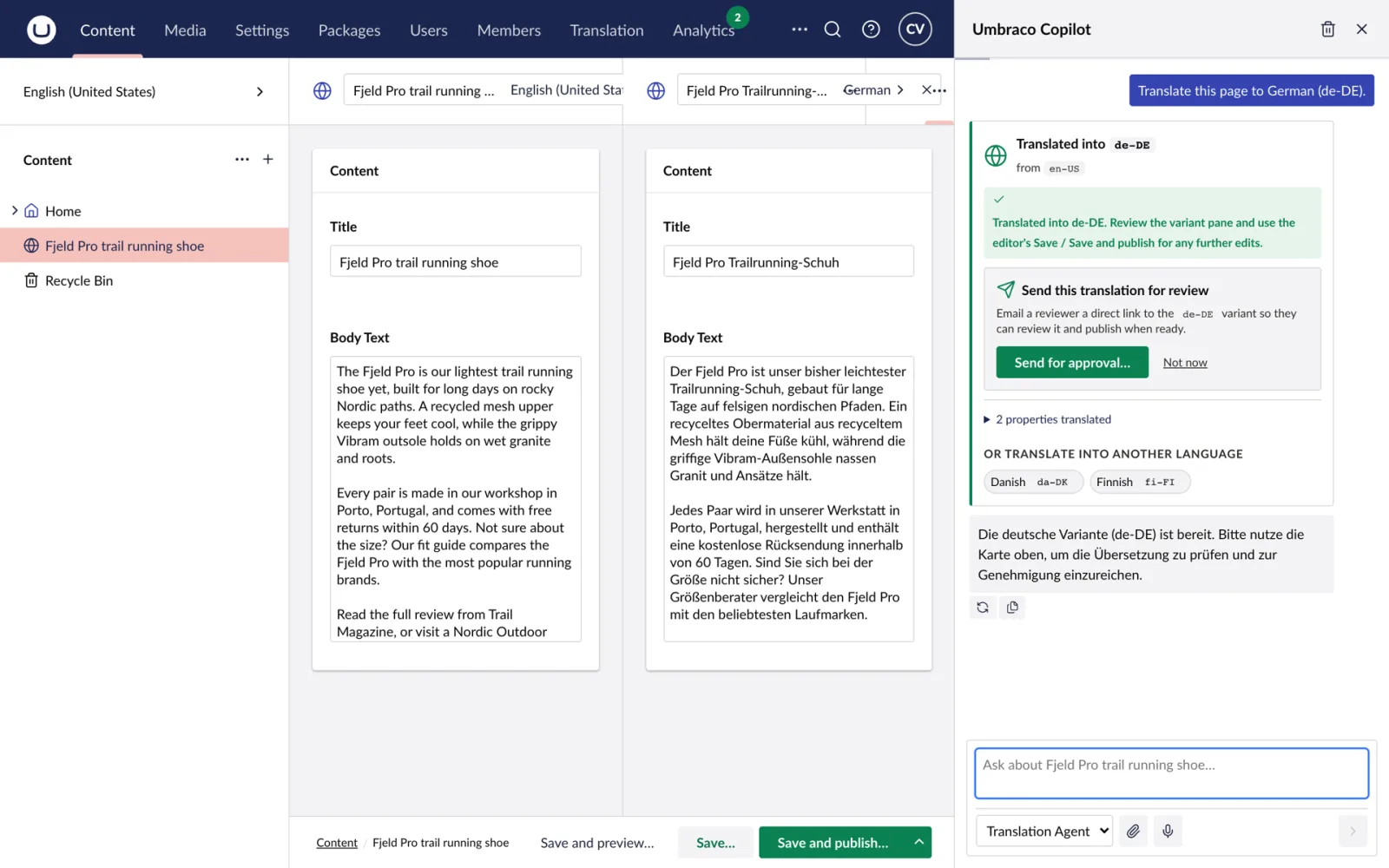 The translation follows your termbase: brand names kept, approved terms used