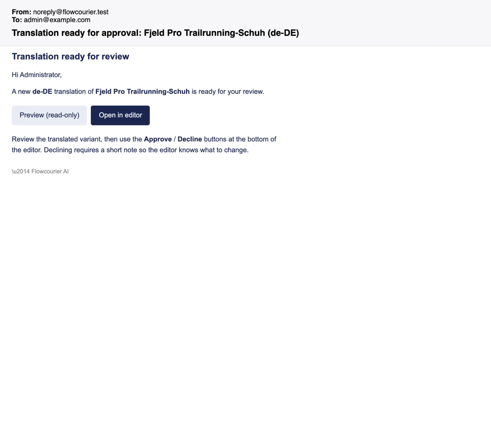 The approval email, with a read-only preview and an editor link