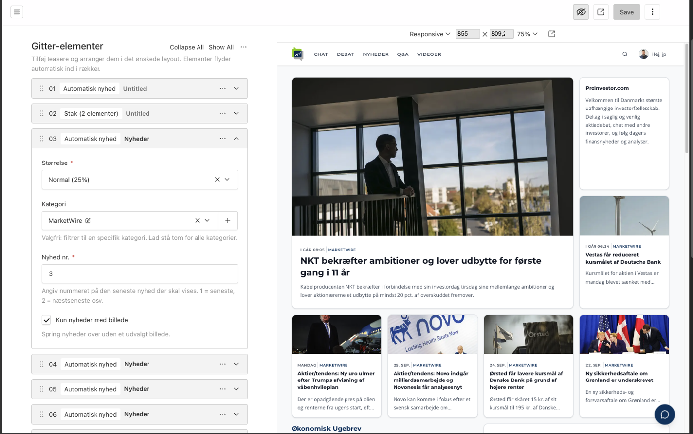 The frontpage grid in Payload CMS with the live preview pane