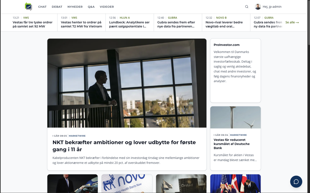 The new ProInvestor.com frontpage on a laptop: news teasers, stock chat and forum activity on one page