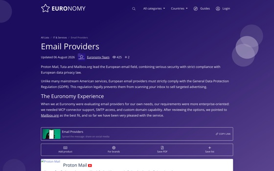 The Email Providers list on Euronomy.eu with its summary, the Euronomy Experience section and the list toolbar