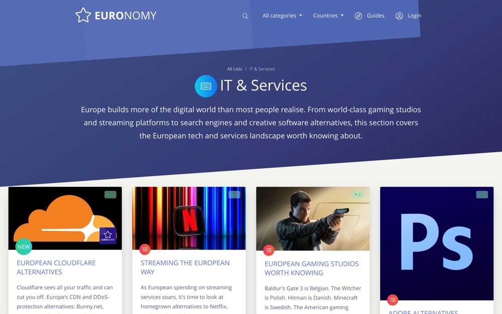The IT and Services category on Euronomy.eu with list cards for Cloudflare alternatives, streaming, gaming studios and Adobe alternatives