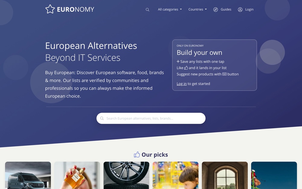 The Euronomy.eu frontpage on a laptop: European alternatives, a search box and the editors' picks