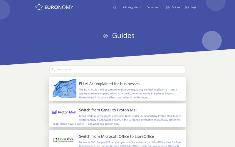The Guides page on Euronomy.eu with guides on the EU AI Act, Proton Mail and LibreOffice
